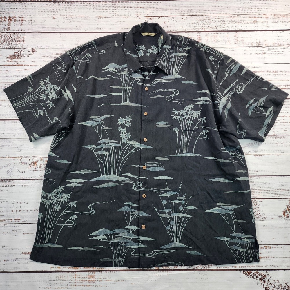 Tommy Bahama Men's XXL Black Bamboo Asian Print 100% Silk Hawaiian Camp Shirt